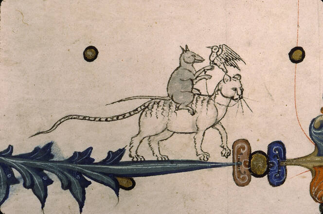 medieval painting of an animal holding a bird on its hand while riding a cat