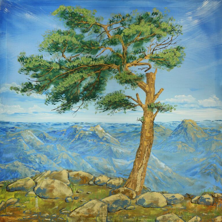 painting of a tree being bent by strong winds and mountains in the background